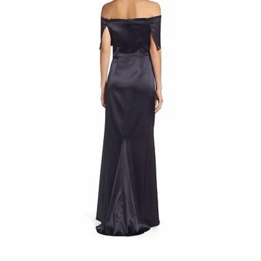 Vince Camuto Navy Lustrous satin ruche shoulder baring gown flare fishtail train - Picture 9 of 13